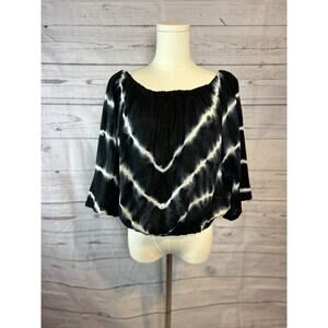 NWT Isabel Michael Stars Tie Dye Off Shoulder Elastic Hem Blouse Black White L